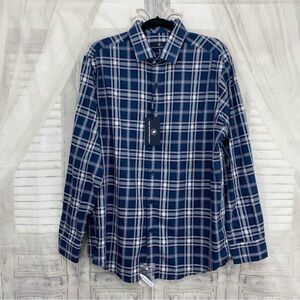 Hart Schaffner Marx Size Large Blue White Button Up Shirt 100% Cotton Plaid NEW